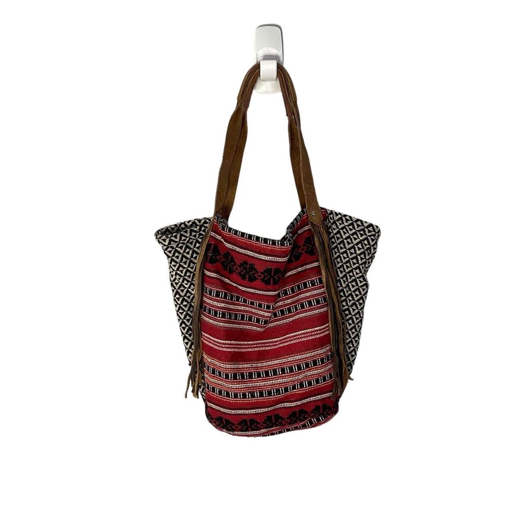 American Eagle Red Shoulder Bag Tapestry Tote Leather Straps Tassel